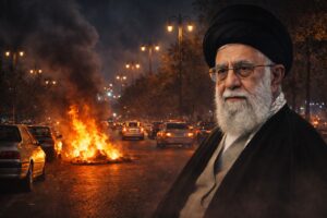 Imagem ilustrativa mostra ruas de Teerã à noite com fogo e fumaça, sobrepostas ao retrato do aiatolá Ali Khamenei.