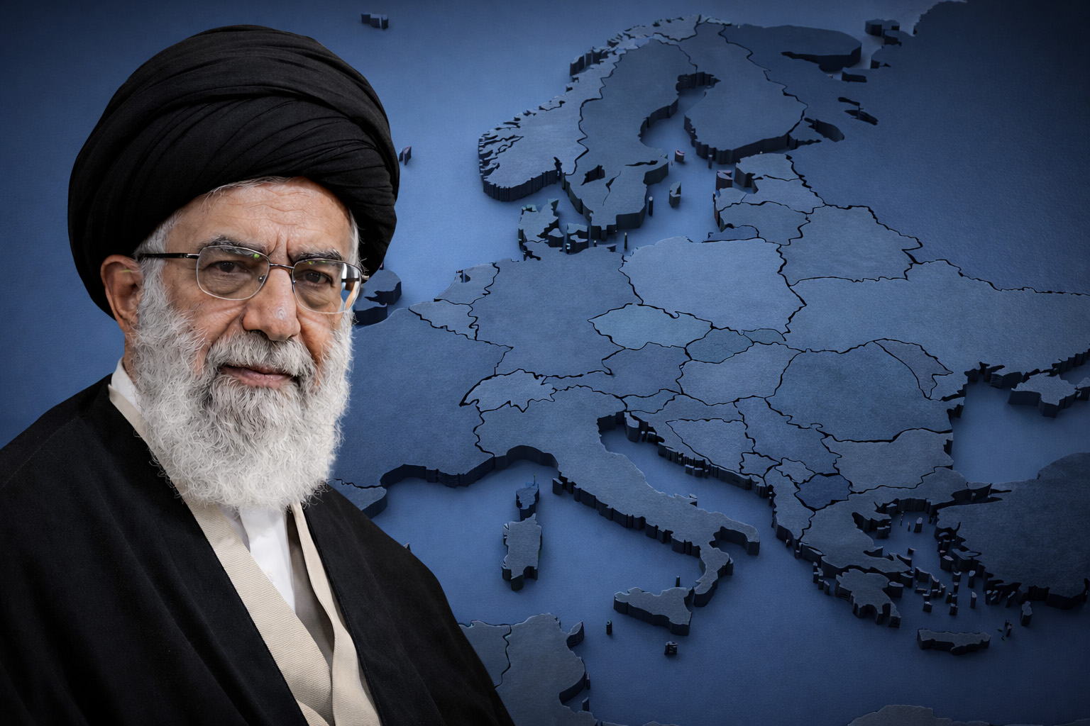 Montagem-fotografica-ultrarrealista-gerada-por-IA-de-Ali-Khamenei-com-o-mapa-da-Europa-de-fundo-2