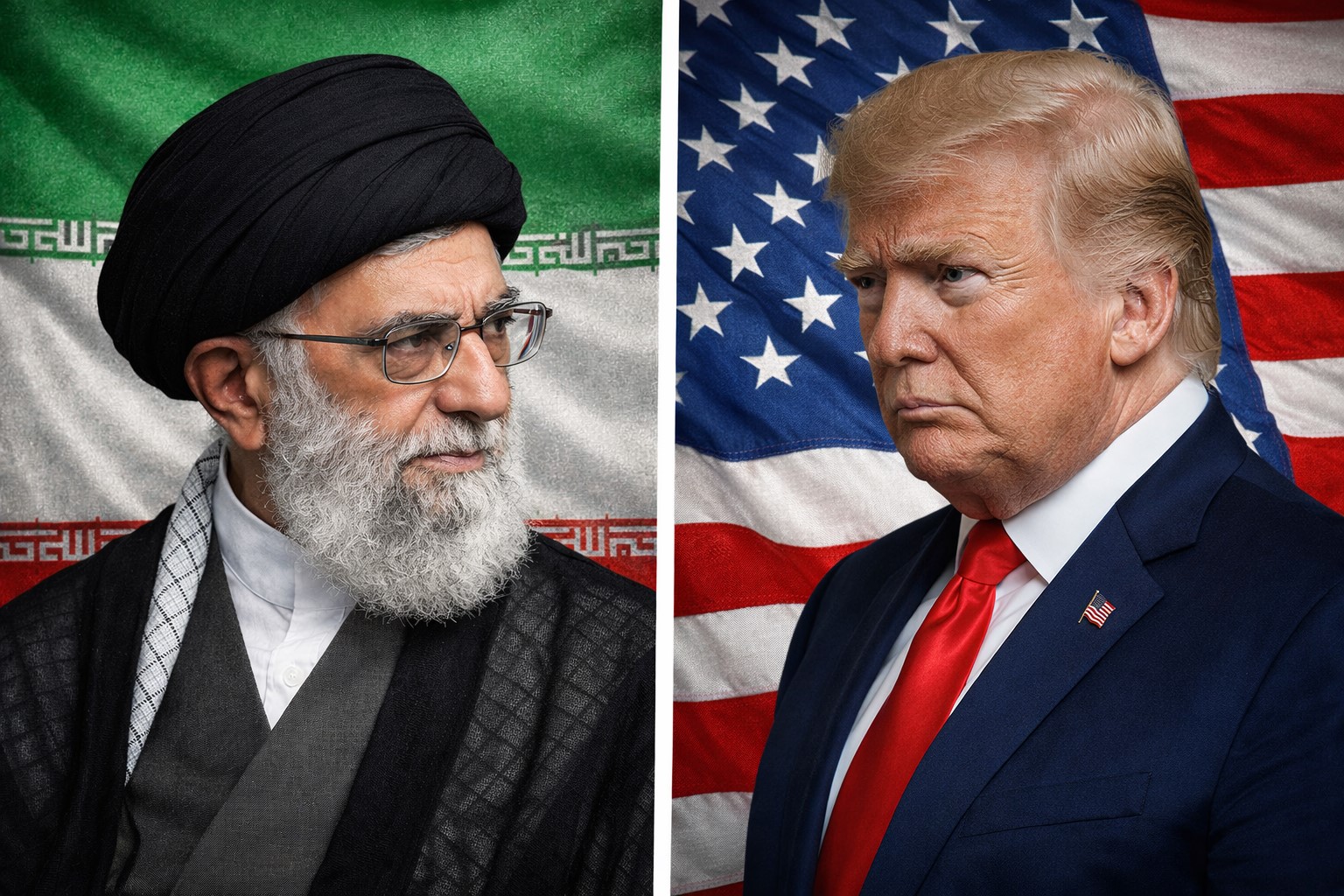 Ali Khamenei e Donald Trump em meio perfil, com as bandeiras do Irã e dos Estados Unidos ao fundo.