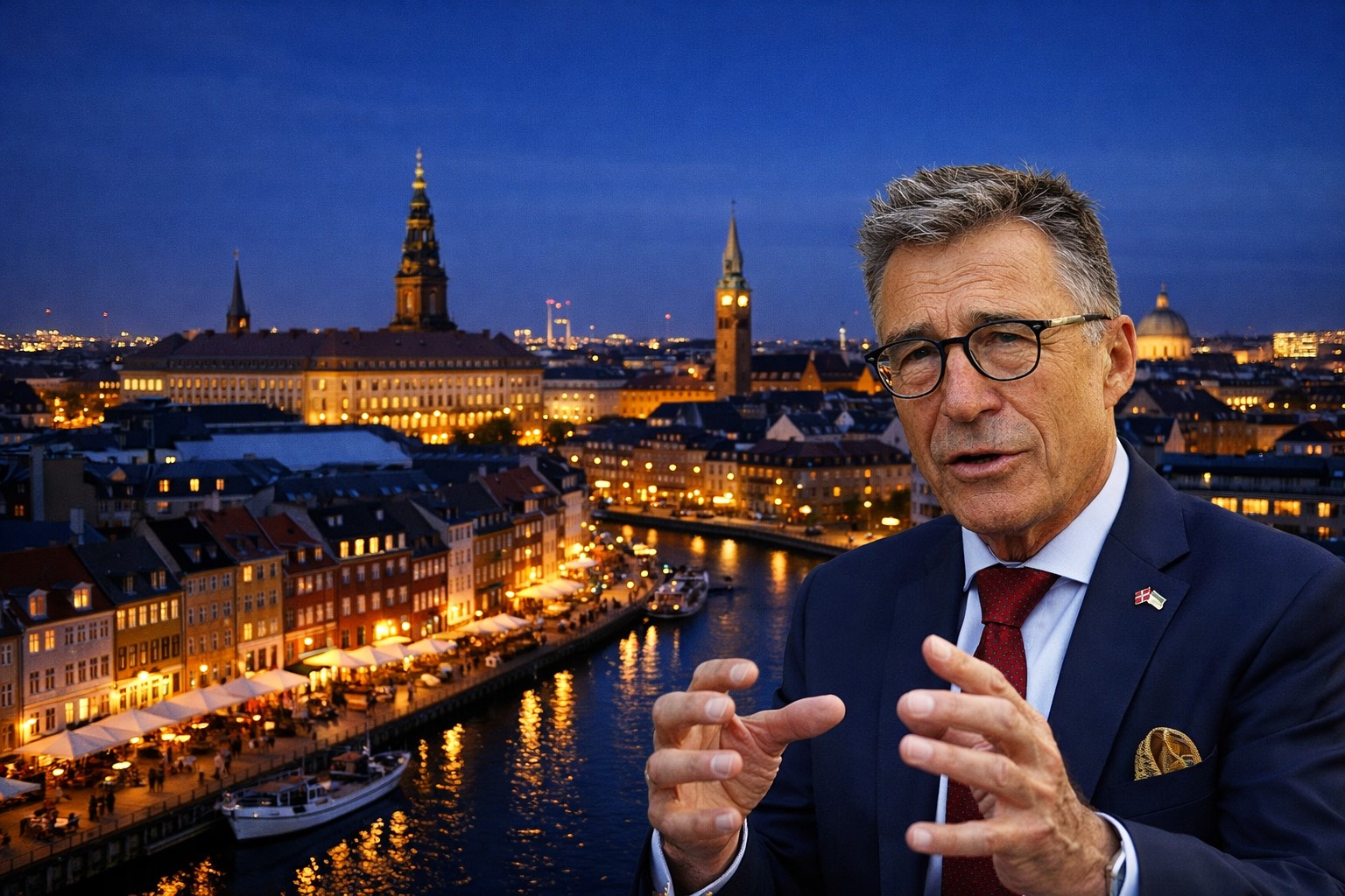 Ex-primeiro-ministro da Dinamarca, Anders Fogh Rasmussen, em destaque diante de uma vista noturna da cidade de Copenhague.
