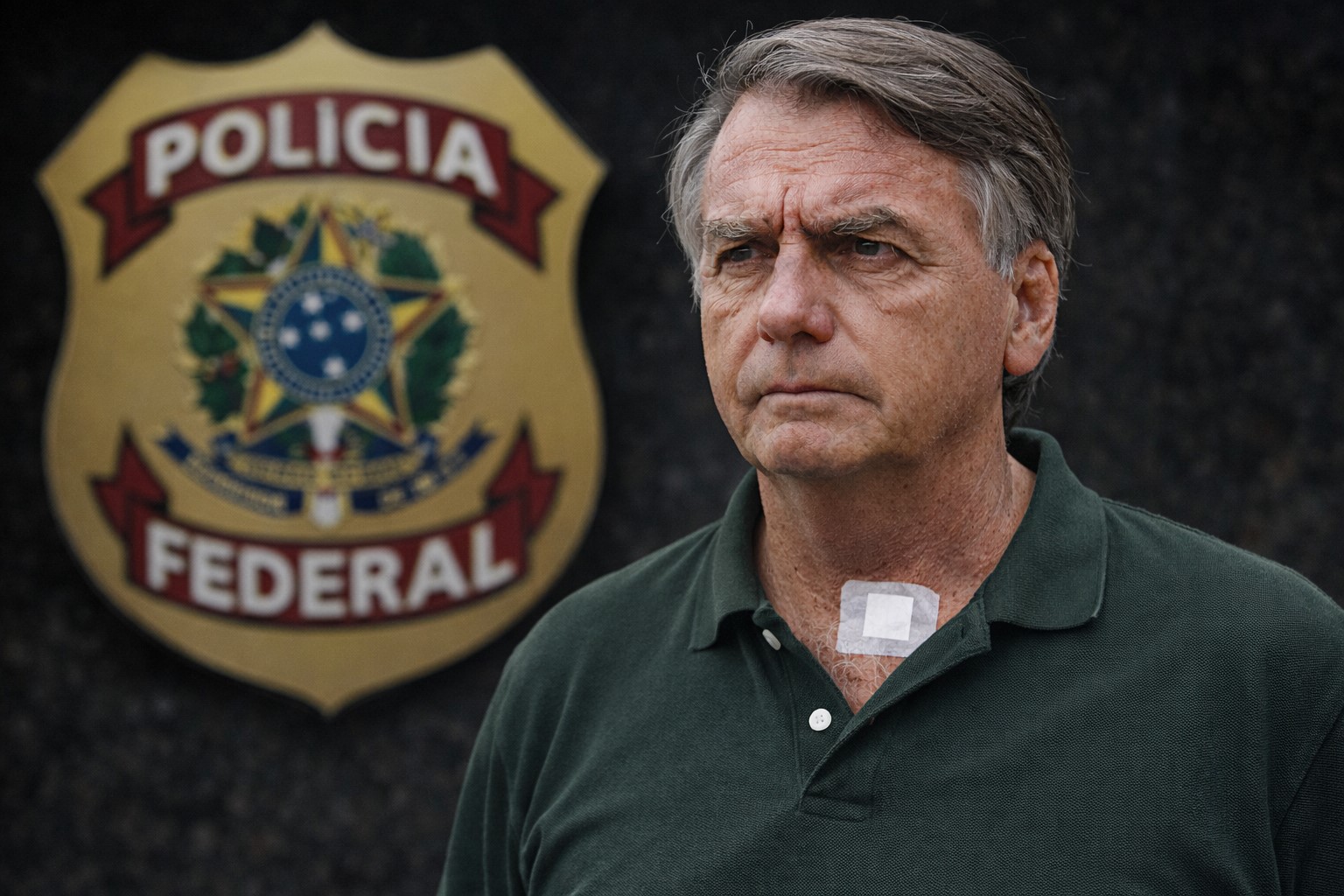 Imagem ilustrativa mostra Jair Bolsonaro em primeiro plano, com fundo simbólico da Polícia Federal, em composição gerada por inteligência artificial.