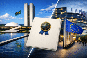 Imagem ilustrativa gerada por inteligência artificial mostra o Congresso Nacional, em Brasília, e o Parlamento Europeu, em Bruxelas, com um documento diplomático ao centro, simbolizando negociações entre Mercosul e União Europeia.