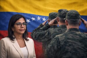 Delcy Rodríguez diante da bandeira da Venezuela, com militares em continência ao fundo, em imagem ilustrativa.