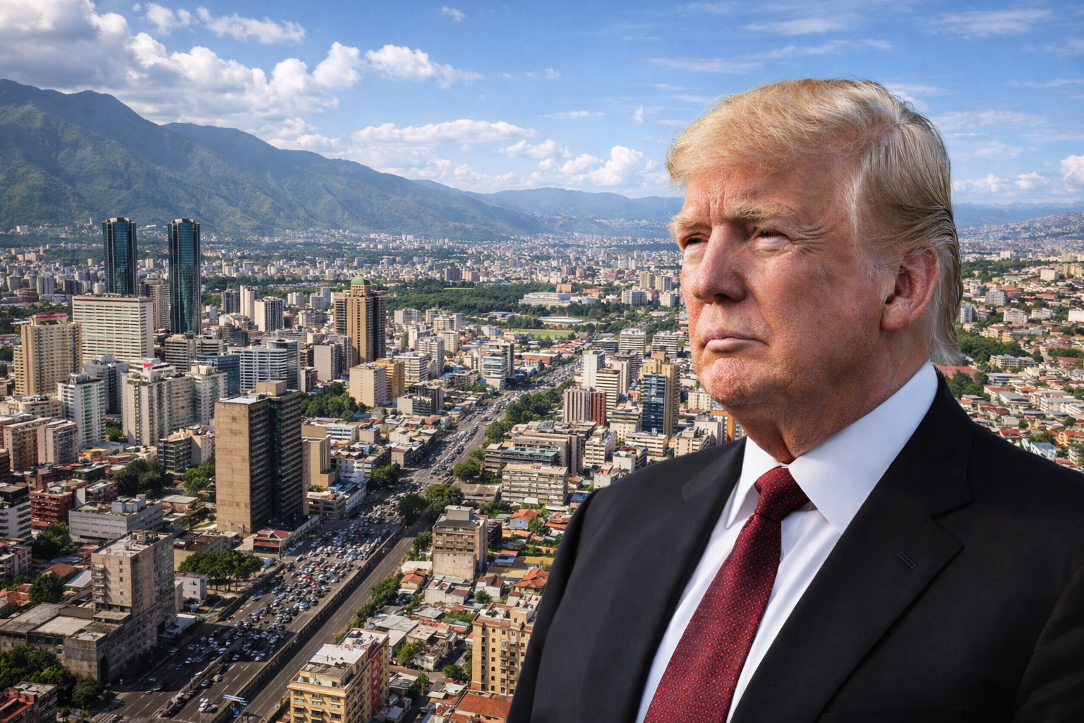 Busto de Donald Trump sobreposto a vista aérea da cidade de Caracas, na Venezuela, em imagem ilustrativa gerada por inteligência artificial.