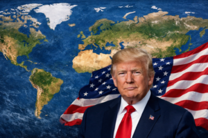 Imagem ilustrativa gerada por inteligência artificial mostra Donald Trump diante de um mapa-múndi em alta definição, com a bandeira dos Estados Unidos ao fundo, simbolizando tensões geopolíticas globais.
