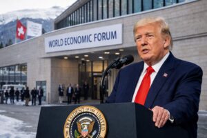 Donald Trump discursa em púlpito oficial durante o Fórum Econômico Mundial em Davos, na Suíça, em imagem gerada por inteligência artificial.