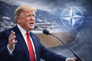 Imagem ilustrativa mostra Donald Trump discursando em Davos com símbolo da OTAN ao fundo.