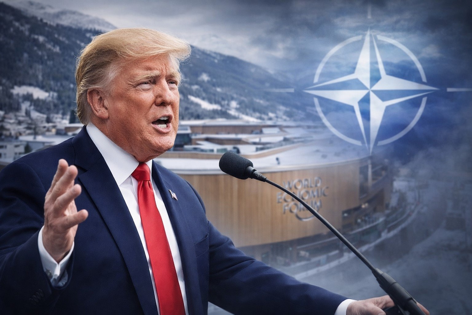 Imagem ilustrativa mostra Donald Trump discursando em Davos com símbolo da OTAN ao fundo.