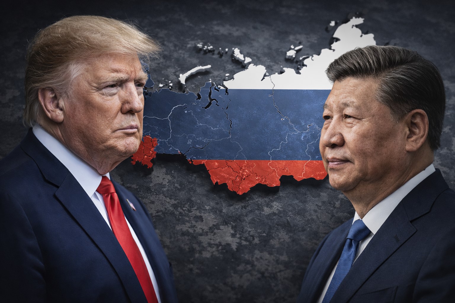Montagem ilustrativa mostra Donald Trump e Xi Jinping em lados opostos, com mapa político da Rússia ao fundo.