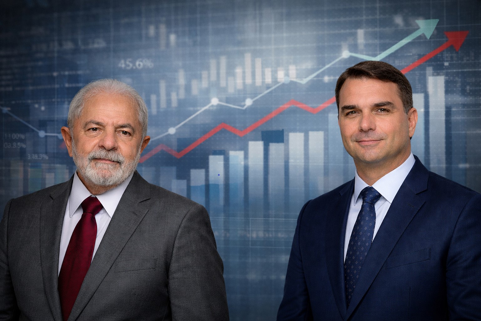 Imagem ilustrativa mostra os bustos de Lula e Flávio Bolsonaro diante de gráficos genéricos que remetem a pesquisa eleitoral.
