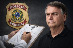 Montagem ilustrativa mostra Jair Bolsonaro em primeiro plano, com emblema da Polícia Federal e relatório médico ao fundo.