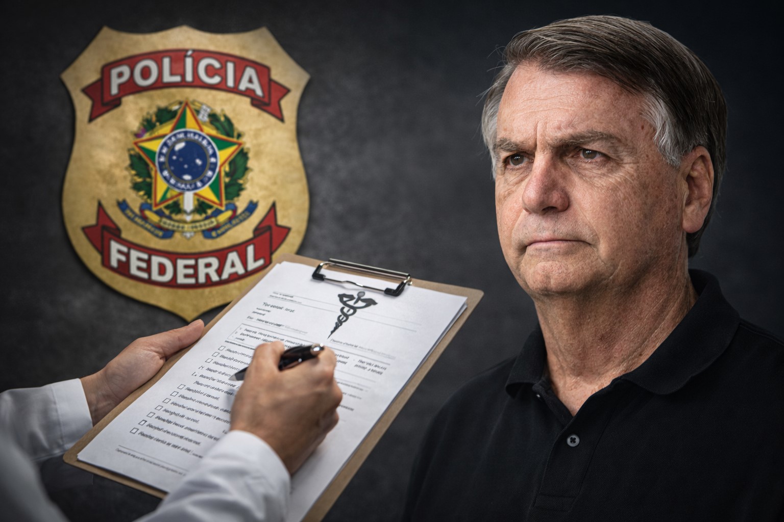 Montagem ilustrativa mostra Jair Bolsonaro em primeiro plano, com emblema da Polícia Federal e relatório médico ao fundo.