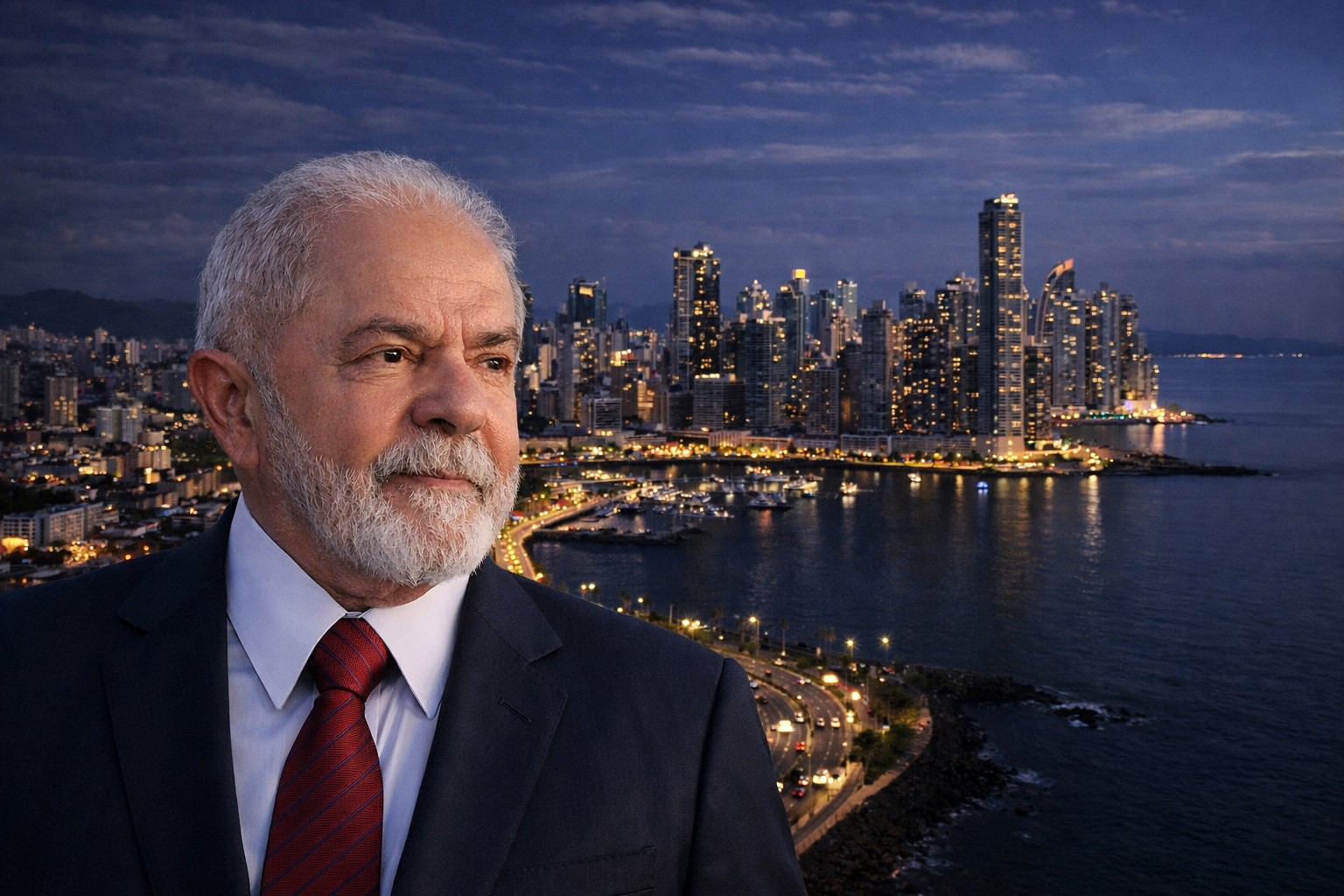 Presidente Lula em meio perfil com vista noturna da cidade do Panamá ao fundo durante agenda internacional na América Latina.
