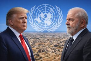 Montagem ilustrativa mostra Lula e Trump frente a frente, com símbolo da ONU ao centro e vista aérea da Faixa de Gaza ao fundo.