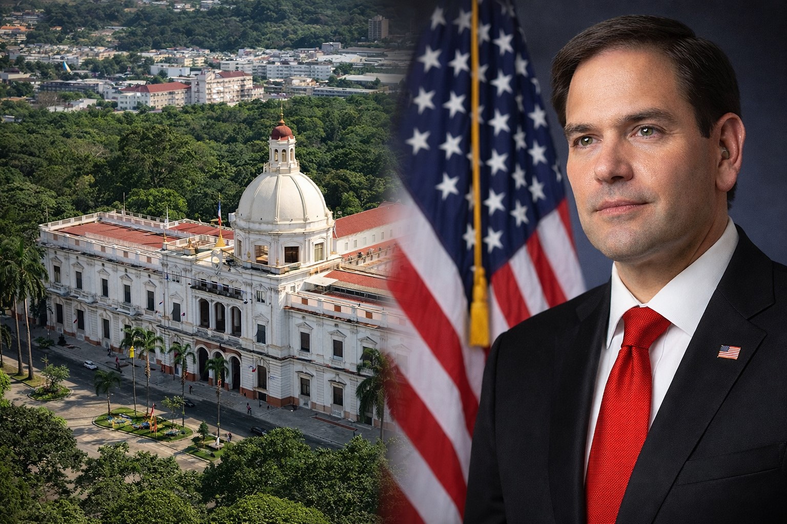 Marco Rubio diante da bandeira dos Estados Unidos ao lado de vista aérea do Palácio de Miraflores, na Venezuela, em imagem ilustrativa.
