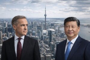 Montagem ilustrativa mostra Toronto ao fundo, com o primeiro-ministro do Canadá e o presidente da China em destaque.