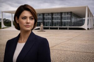 Michelle Bolsonaro em frente ao prédio do Supremo Tribunal Federal em Brasília — imagem gerada por IA para fins ilustrativos