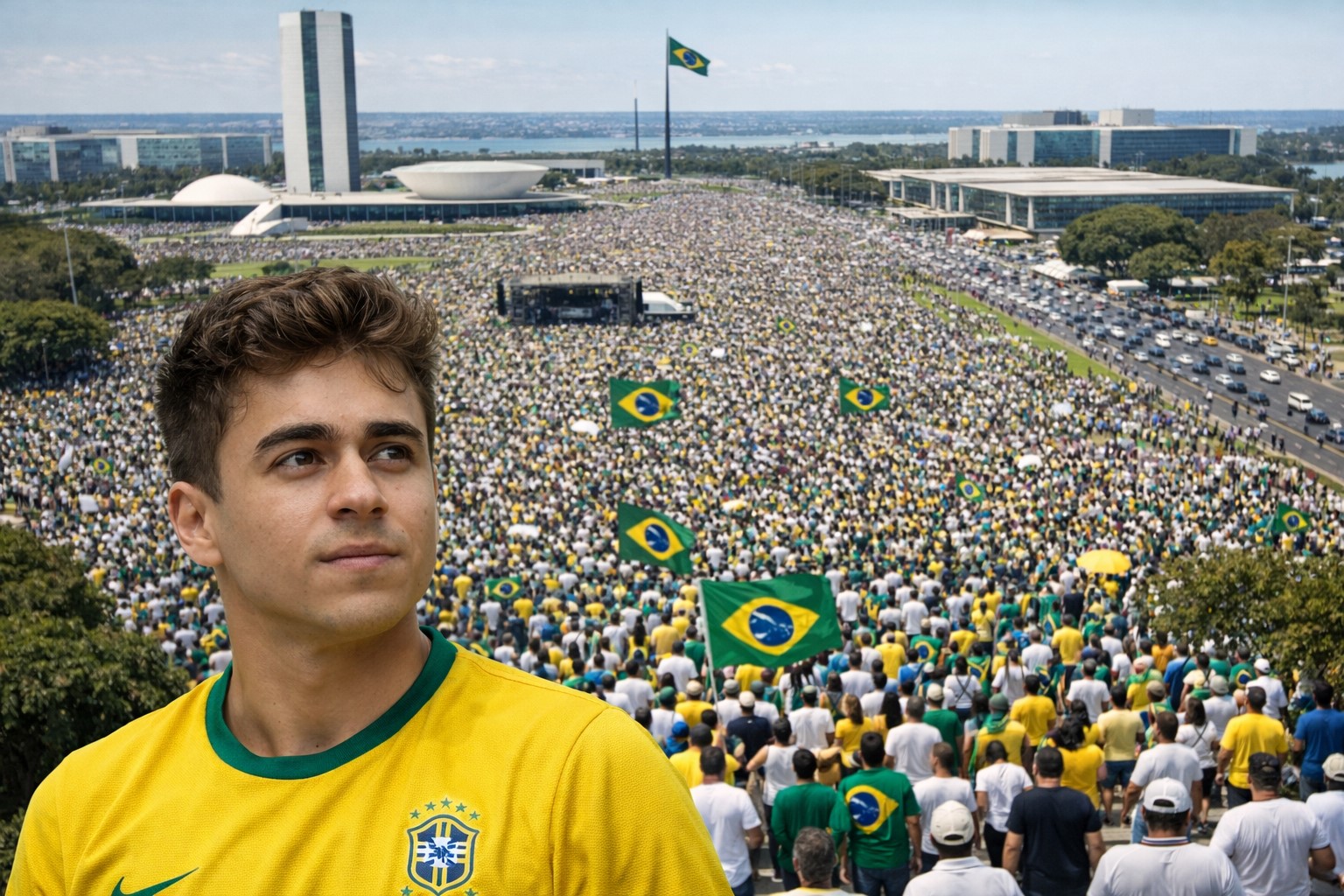 Ilustração em IA mostra manifestação em Brasília com multidão vestindo verde e amarelo e o deputado Nicolas Ferreira em primeiro plano