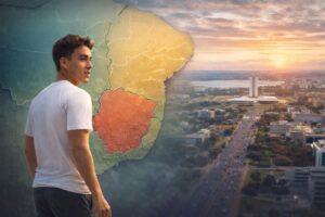 Ilustração editorial gerada por IA mostra mapa político parcial do Brasil e vista aérea de Brasília, com representação conceitual do deputado Nicolas Ferreira em traje de caminhada (imagem não factual).