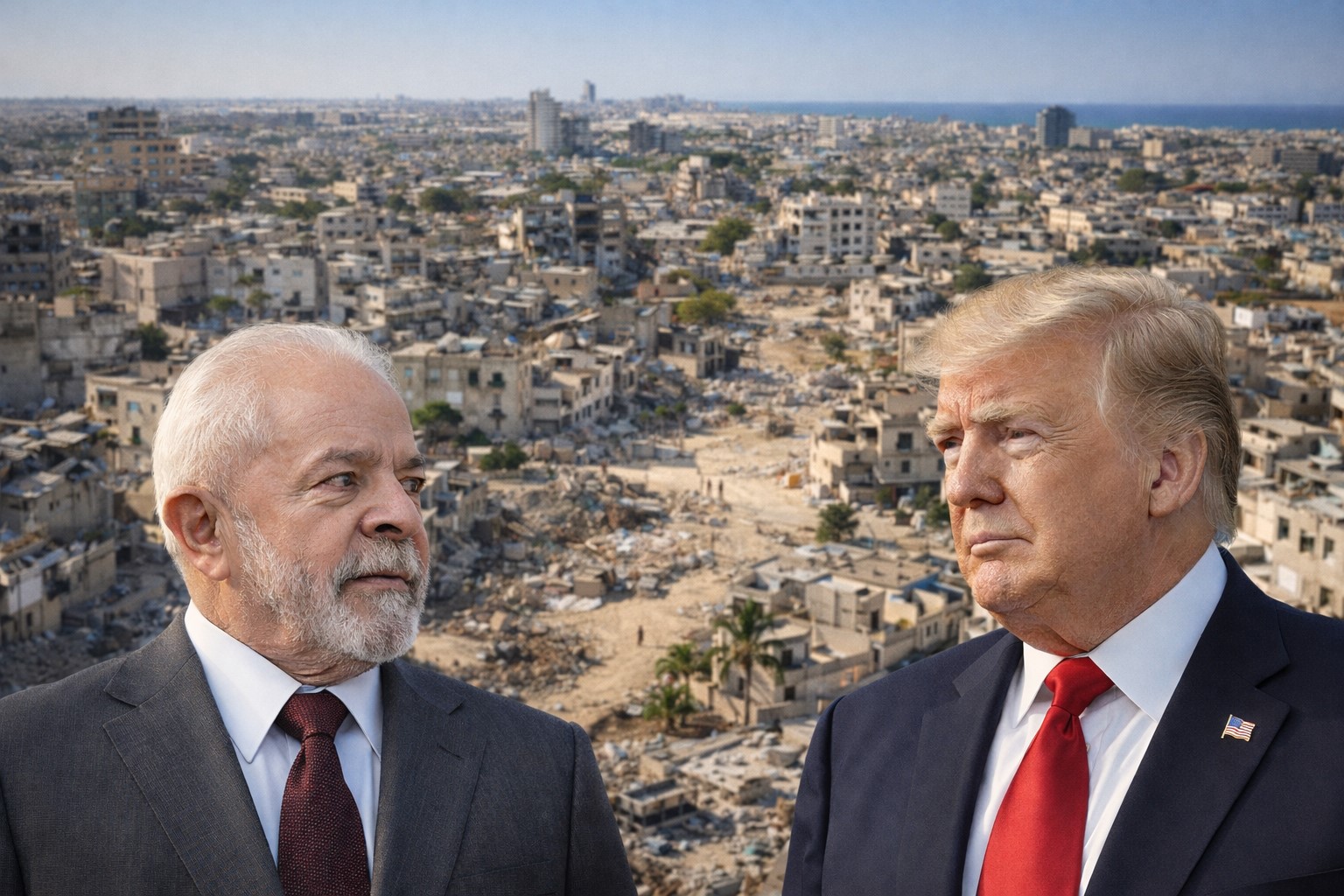 Lula e Donald Trump em composição ilustrativa diante de uma vista semiaérea da Faixa de Gaza, representando o convite dos EUA para um Conselho de Paz na região.