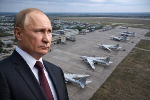Vladimir Putin em primeiro plano, com base aérea militar russa ao fundo.