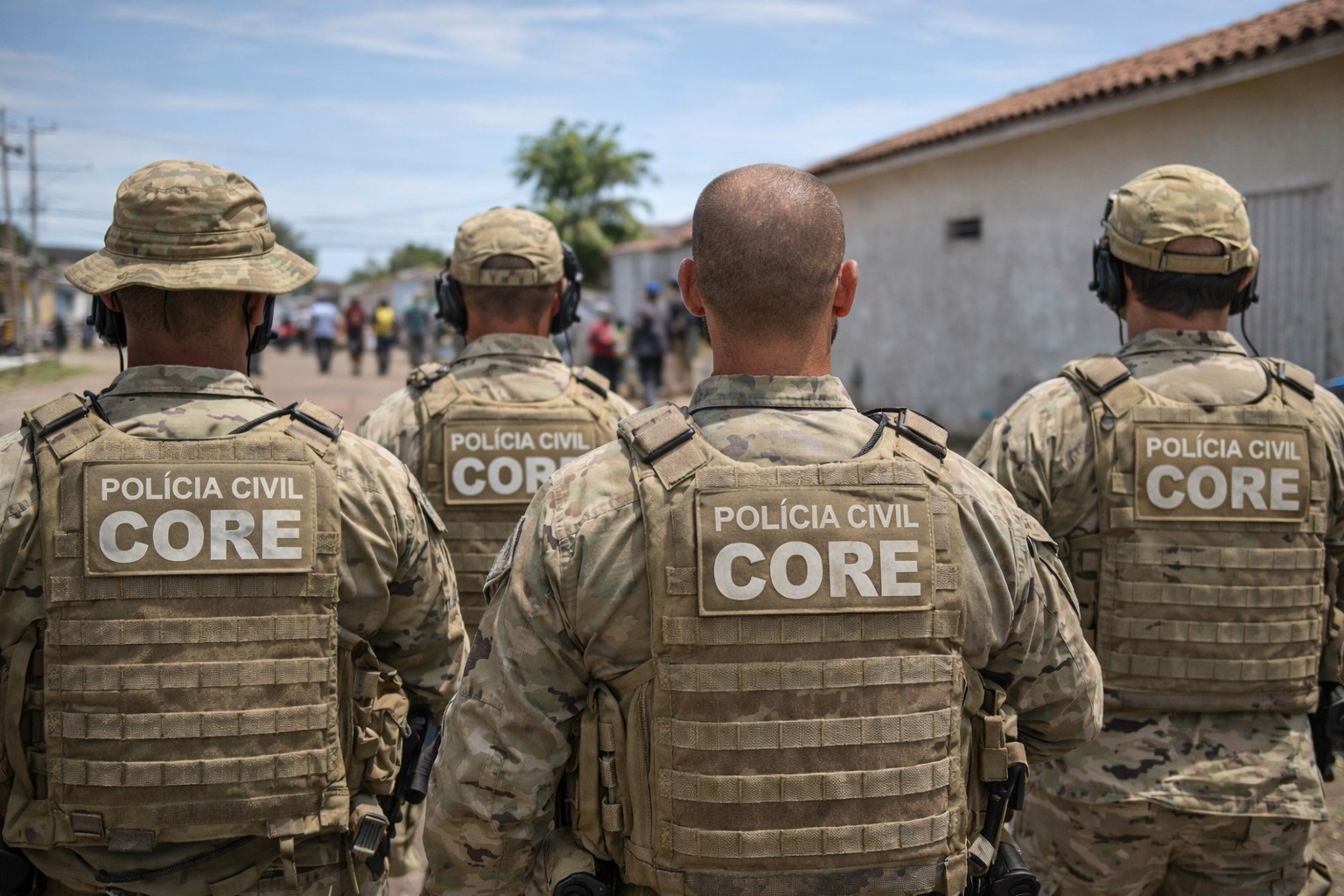 Agentes do grupo CORE da Polícia Civil da Bahia em ação operacional em área residencial.