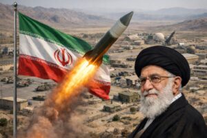 Montagem digital gerada por inteligência artificial mostrando uma base militar iraniana em área desértica, com a bandeira do Irã ao vento, o busto de Ali Khamenei em primeiro plano e o lançamento simbólico de um míssil, representando tensões geopolíticas internacionais.
