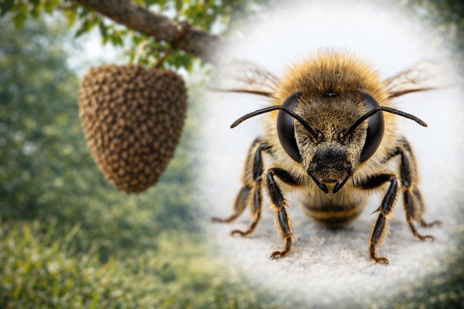 Abelha em close ampliado com colmeia ao fundo em imagem ilustrativa gerada por inteligência artificial.