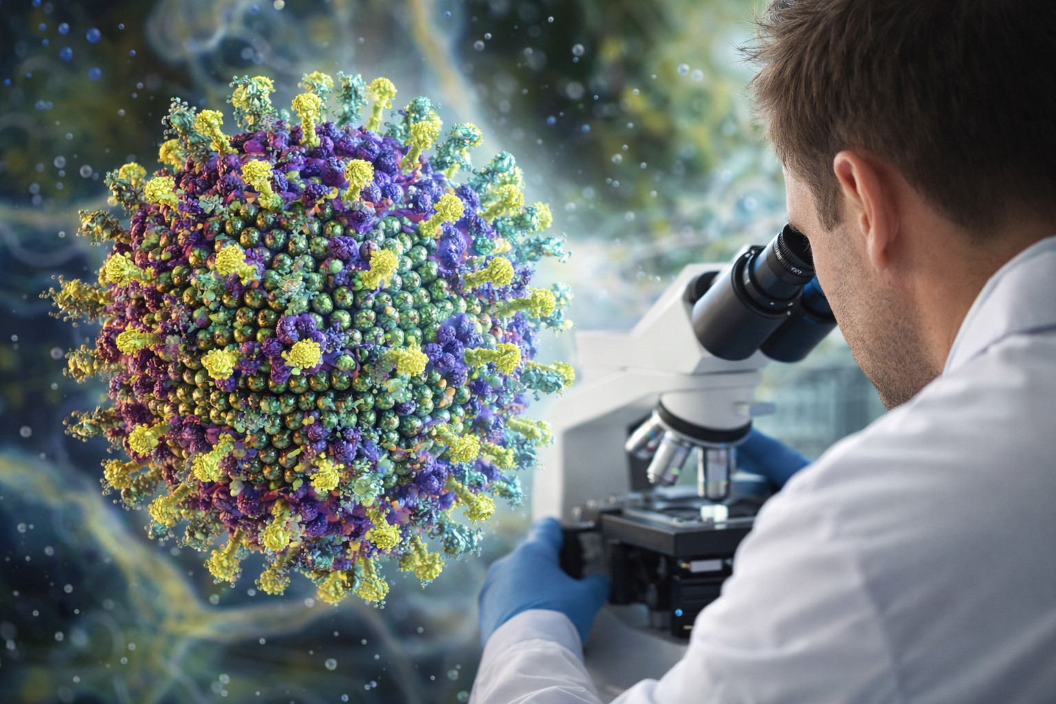Ilustração científica mostra partícula do vírus Nipah ampliada, com pesquisador analisando amostra em microscópio.