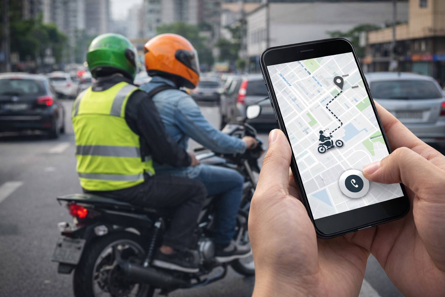 Mototaxista com passageiro em via movimentada de São Paulo, com aplicativo de chamada de moto exibido em celular (imagem ilustrativa gerada por IA).