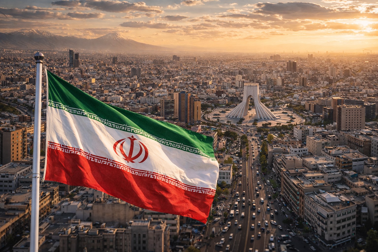 Imagem ilustrativa mostra vista aérea de Teerã ao entardecer com a bandeira do Irã em primeiro plano.