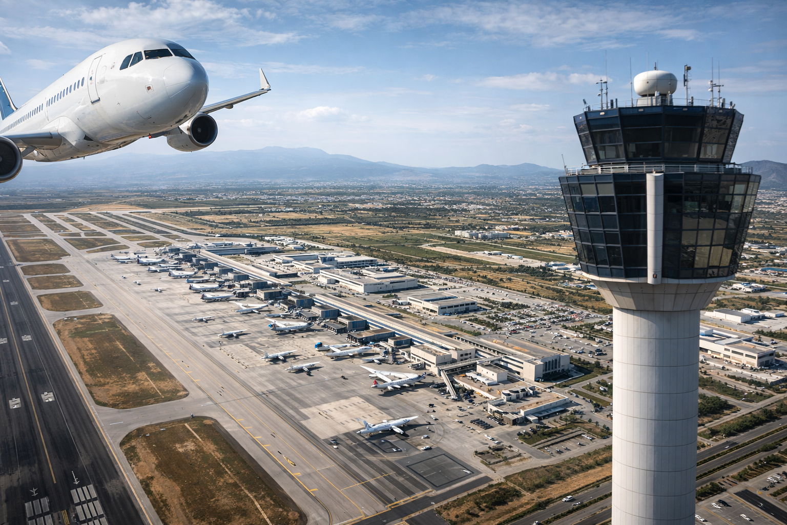 Imagem ilustrativa gerada por inteligência artificial mostra o Aeroporto Internacional de Atenas com aeronave em aproximação e torre de controle, em referência ao fechamento do espaço aéreo da Grécia.