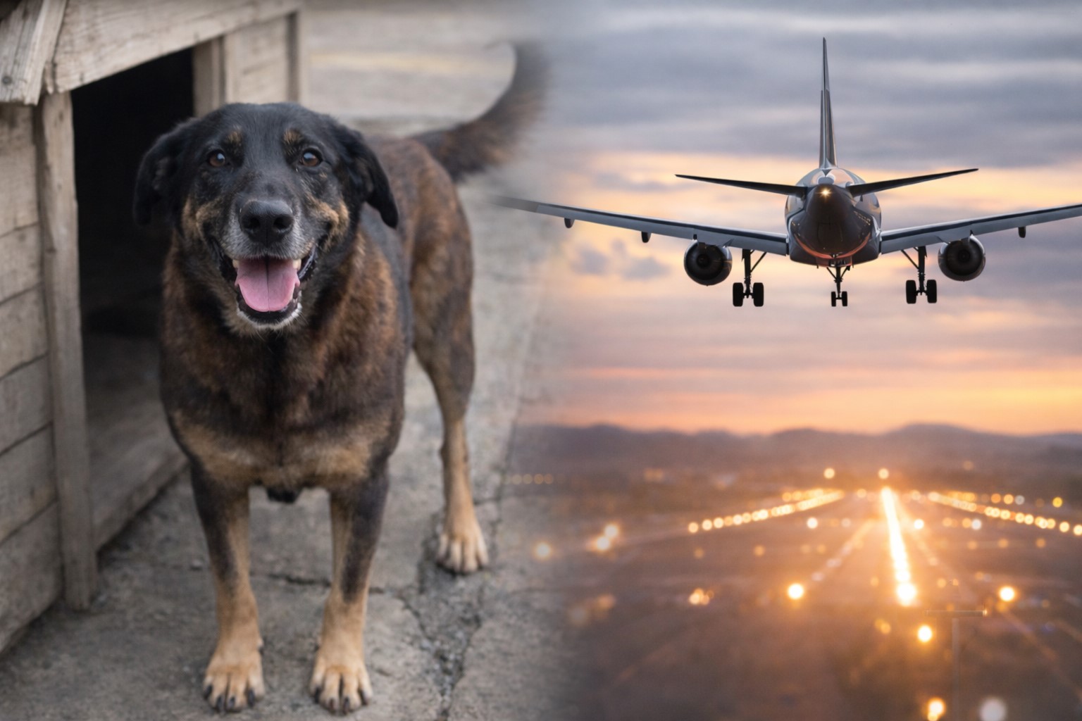 Montagem ilustrativa: cão “Orelha” ao lado de casinha de madeira e, na outra metade, avião em aproximação para pouso em pista iluminada ao entardecer.