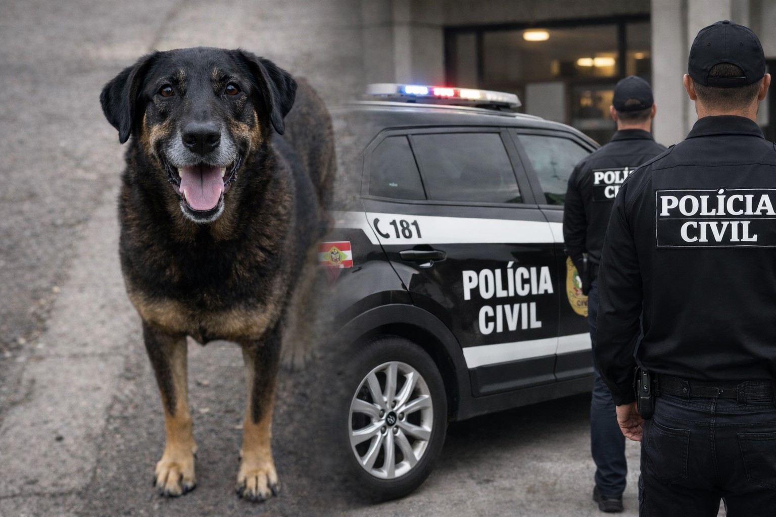 Cão Orelha e viatura da Polícia Civil em imagem ilustrativa sobre investigação policial.