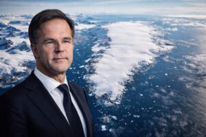 Busto de Mark Rutte, secretário-geral da OTAN, sobreposto a vista semiaérea da Groenlândia em imagem ilustrativa.
