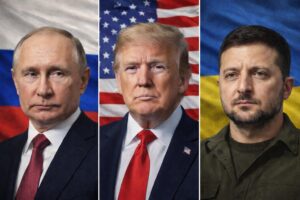 Montagem editorial com os bustos de Vladimir Putin, Donald Trump e Volodymyr Zelensky, posicionados lado a lado, com bandeiras de Rússia, Estados Unidos e Ucrânia ao fundo.