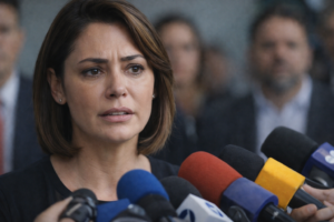 Michelle Bolsonaro durante coletiva de imprensa, com microfones à frente e fundo desfocado, em imagem ilustrativa gerada por inteligência artificial.
