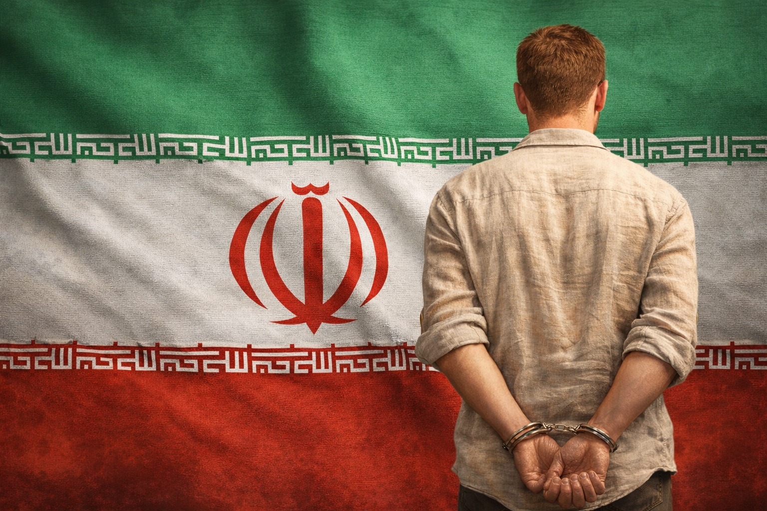 Homem algemado de costas diante da bandeira do Irã, em imagem ilustrativa gerada por inteligência artificial.