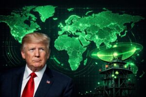 Imagem editorial mostra Donald Trump em primeiro plano diante de um mapa-múndi tecnológico em tons verdes, com torre de radar simbolizando monitoramento e vigilância internacional.