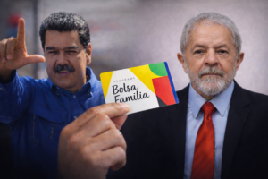 Montagem ilustrativa gerada por inteligência artificial mostra Nicolás Maduro e Luiz Inácio Lula da Silva em composição simbólica com cartão do programa Bolsa Família, representando o debate sobre benefícios sociais a estrangeiros no Brasil.