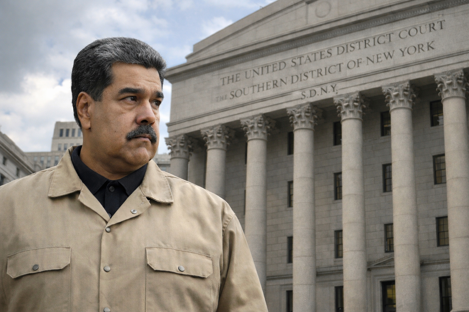 Imagem ilustrativa gerada por inteligência artificial mostra Nicolás Maduro em frente a um tribunal de Nova Iorque, em referência simbólica à audiência realizada nos Estados Unidos.