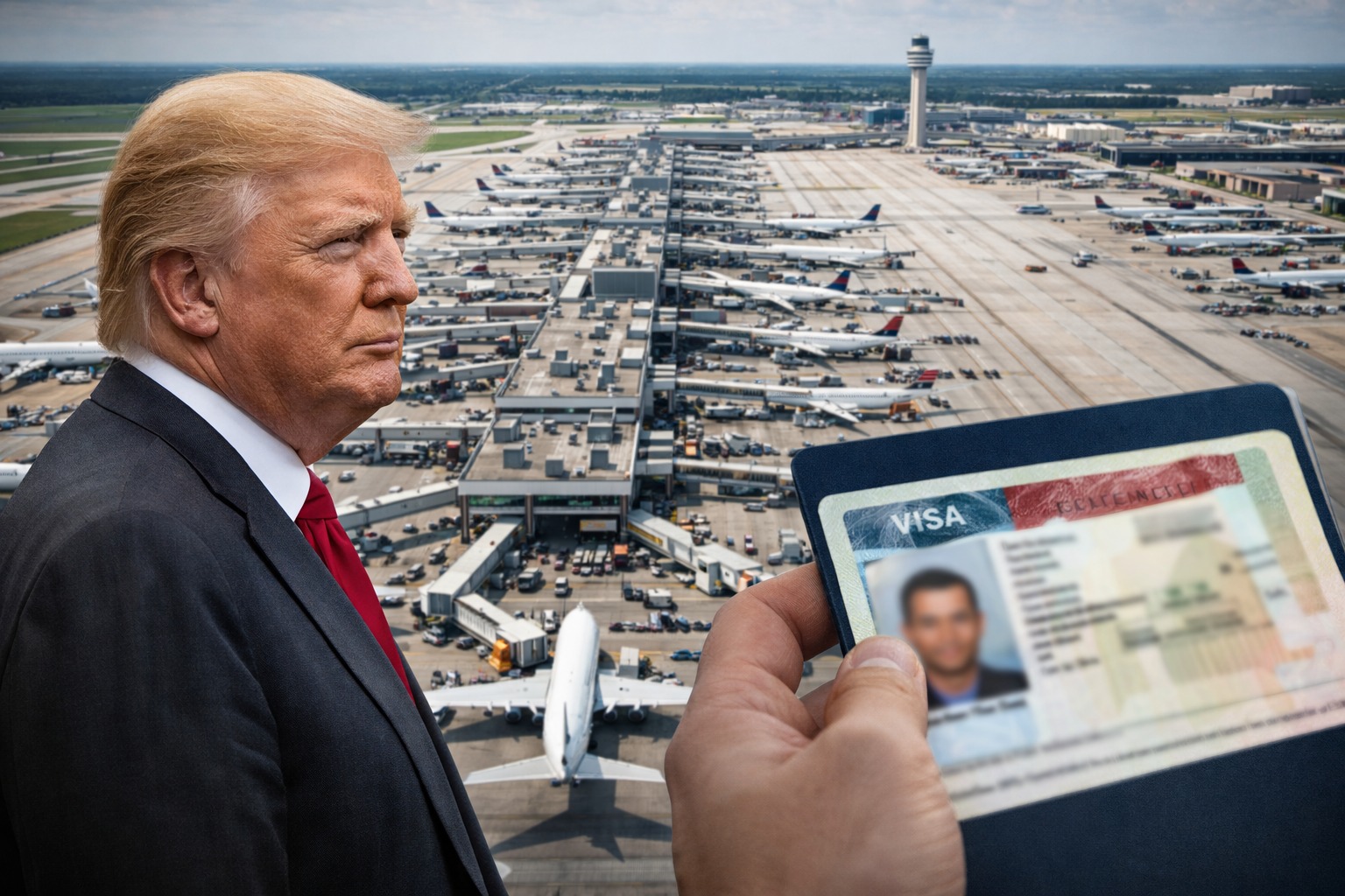 Aeroporto de Atlanta com Donald Trump e visto em montagem ilustrativa gerada por inteligência artificial.