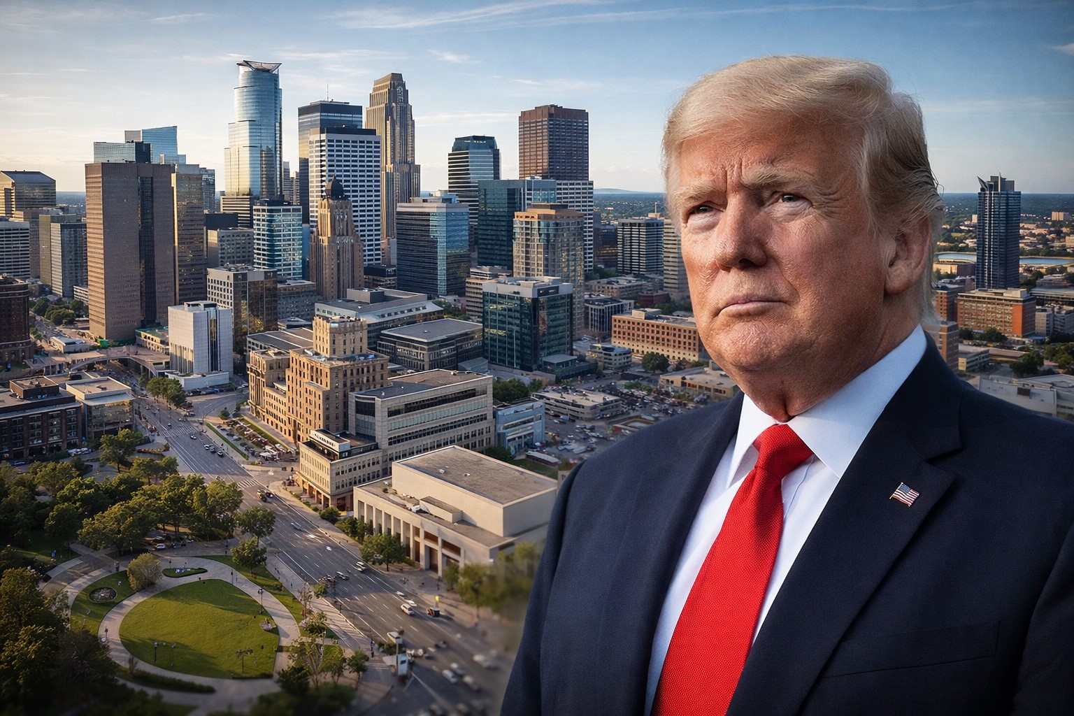 Donald Trump em primeiro plano com vista aérea do centro de Minneapolis ao fundo durante cenário de investigação sobre operação federal.