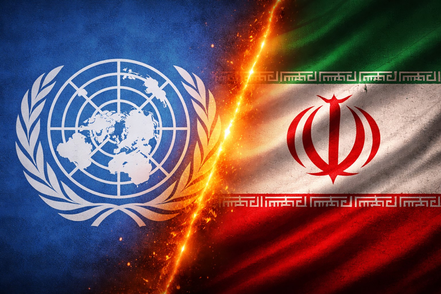 Imagem gráfica dividida ao meio com o símbolo da Organização das Nações Unidas em fundo azul à esquerda e a bandeira do Irã em textura de tecido à direita, separadas por uma linha incandescente.