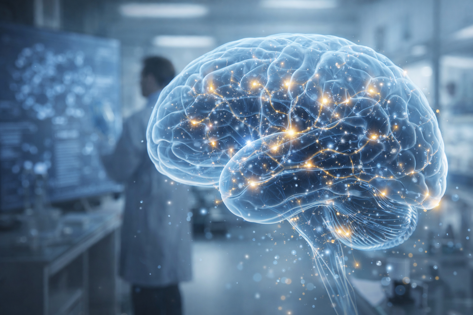 Cérebro humano em ambiente de laboratório, com conexões neurais luminosas, representando avanço científico no tratamento do Alzheimer, em imagem gerada por inteligência artificial.
