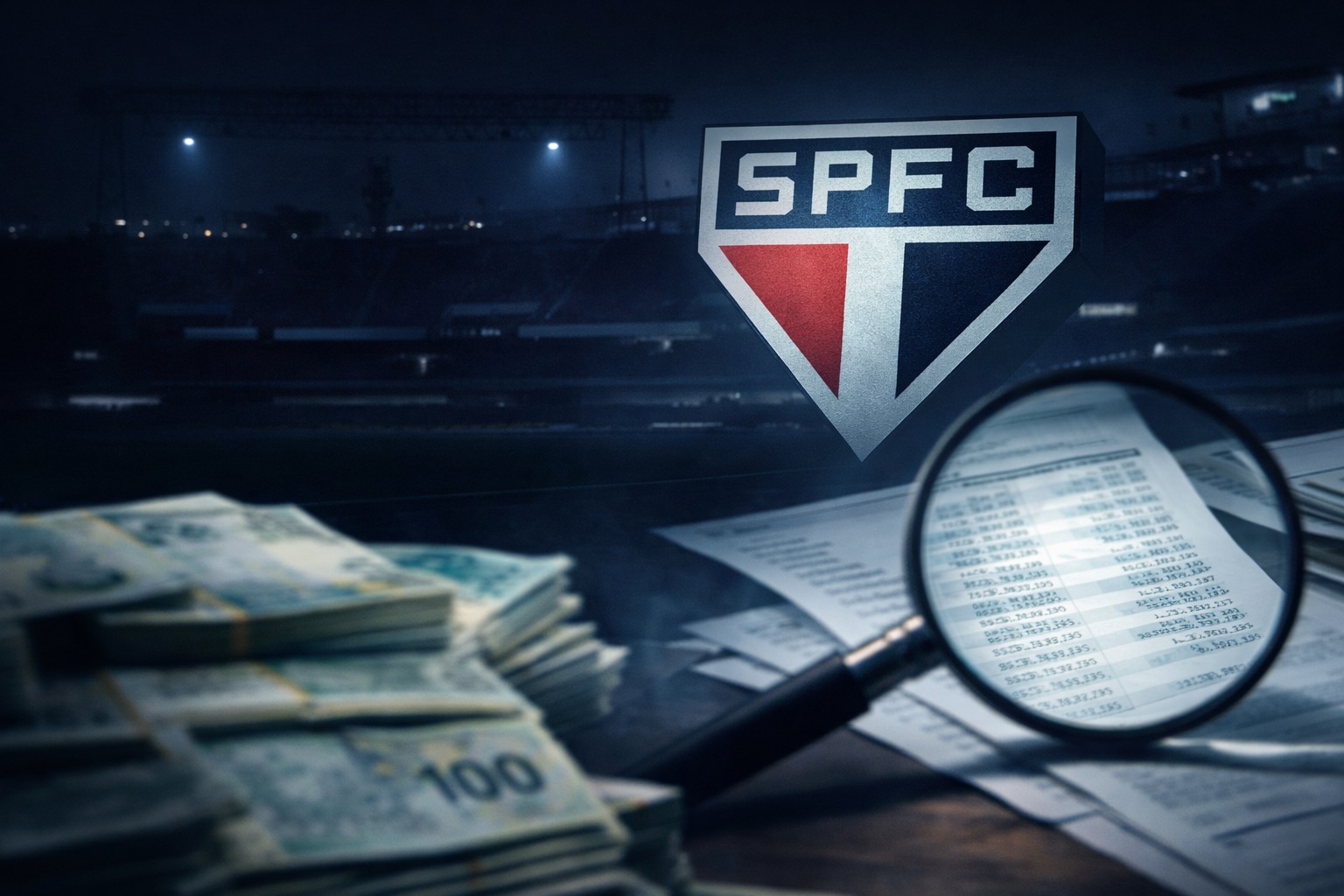 Escudo do São Paulo Futebol Clube em ambiente noturno com cédulas de real e lupa, em imagem ilustrativa gerada por inteligência artificial.