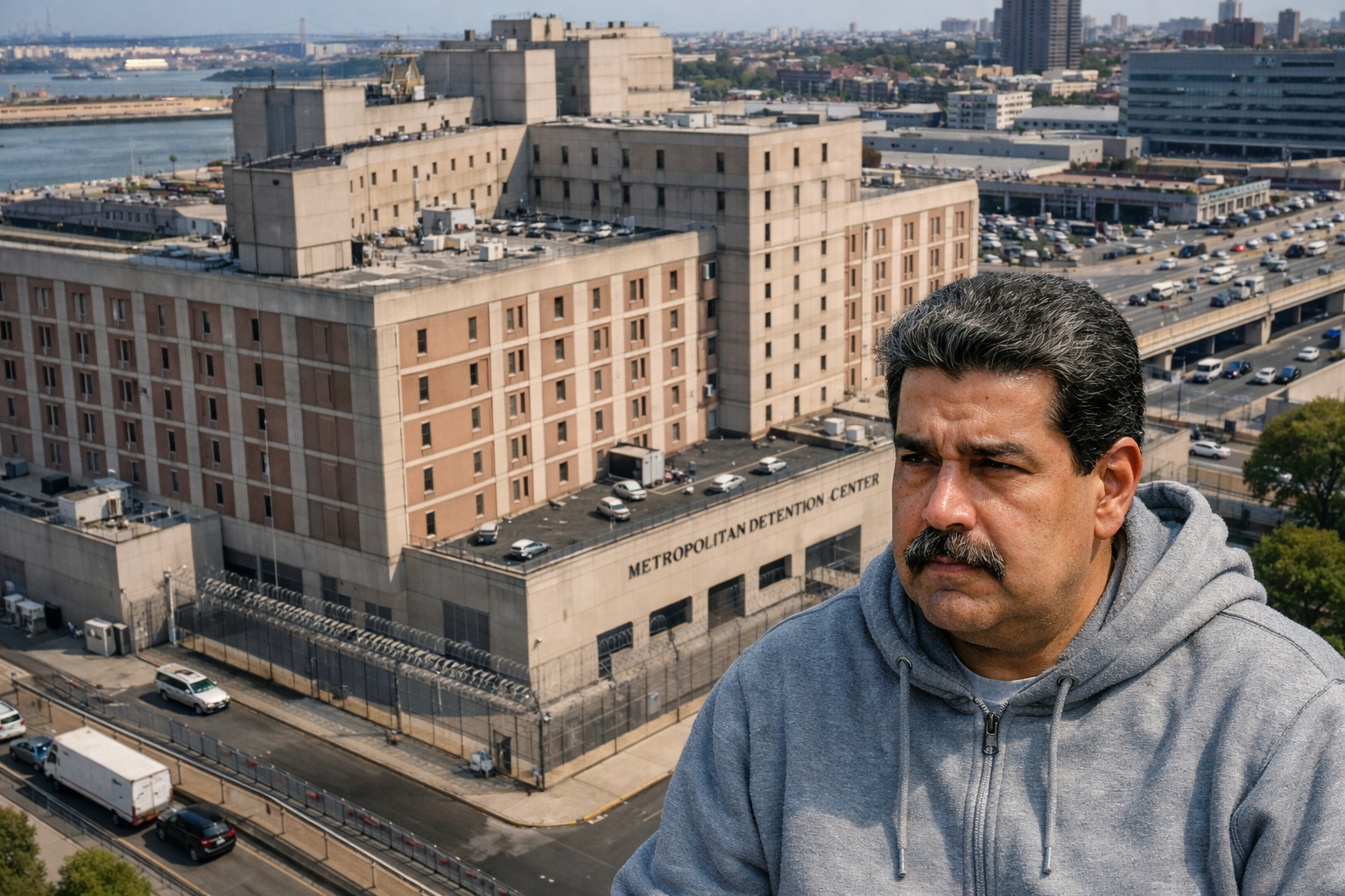 Imagem ilustrativa gerada por inteligência artificial mostra o Metropolitan Detention Center, no Brooklyn, com representação de Nicolás Maduro detido nos Estados Unidos após operação militar.