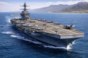 Imagem ilustrativa gerada por IA mostra o porta-aviões USS Gerald R. Ford navegando em águas do Oriente Médio, com aeronaves e movimentação no convés.