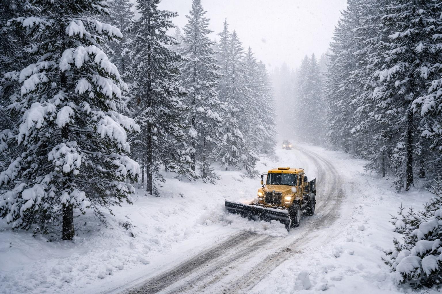 Estrada coberta de neve em meio a floresta de pinheiros durante nevasca, com veículo limpa-neve e carro ao fundo, em imagem gerada por inteligência artificial alusiva à avalanche na Califórnia.