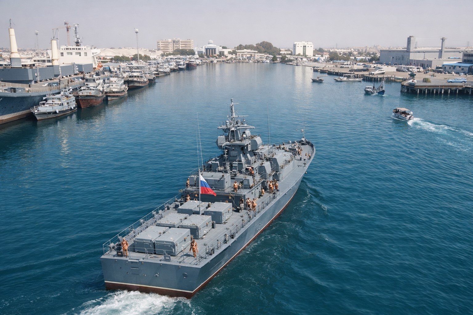 Imagem ilustrativa gerada por IA mostra corveta militar em manobra no mar, alusiva a exercício naval conjunto entre Rússia e Irã no Golfo de Omã.